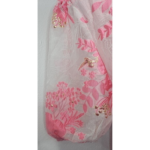Gingham & Heels Glazer Pink Brocade Embroidered Floral Mini Belt Dress Size 16 - Picture 13 of 16